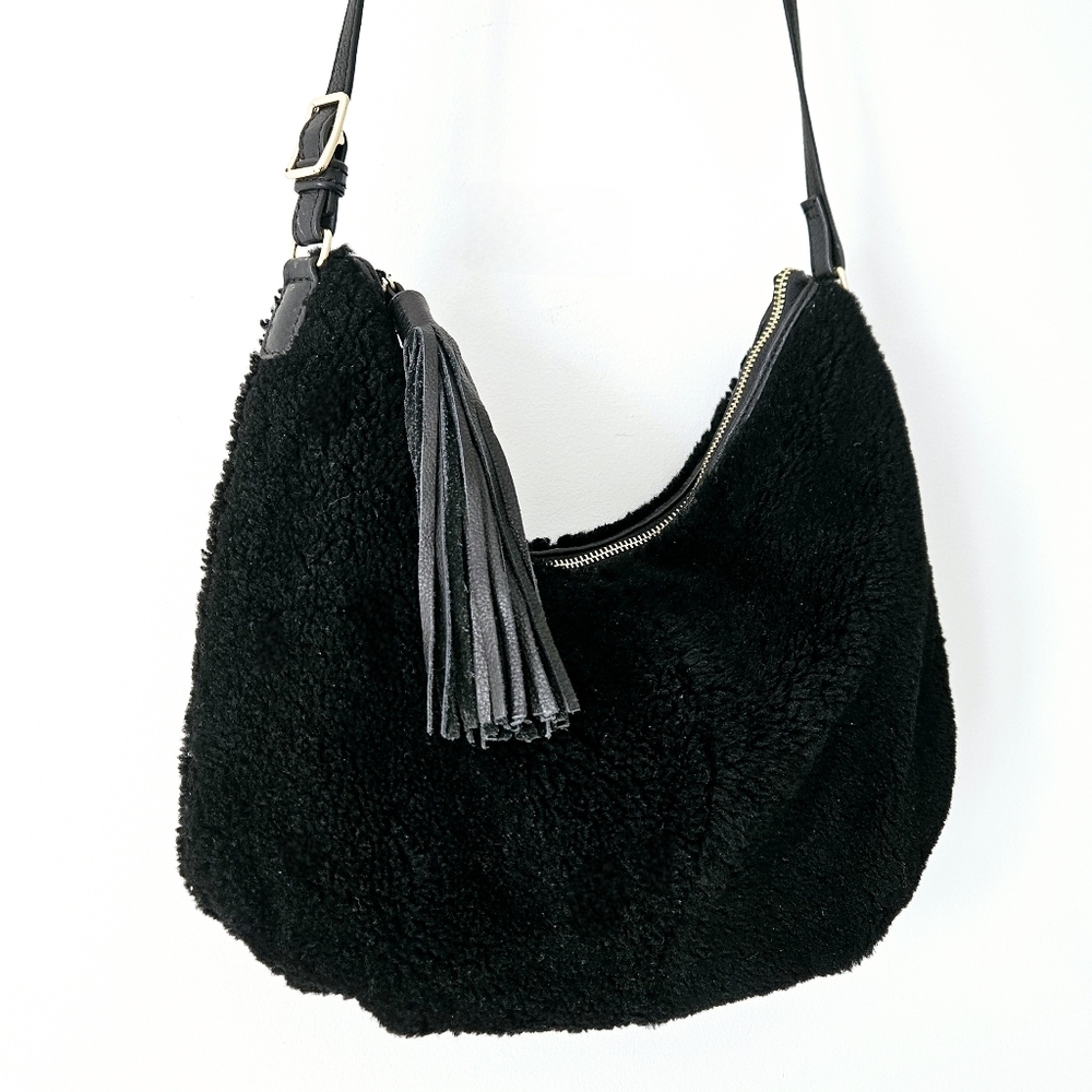 Anthropologie Margot Black Sherpa Crossbody bag with tassle